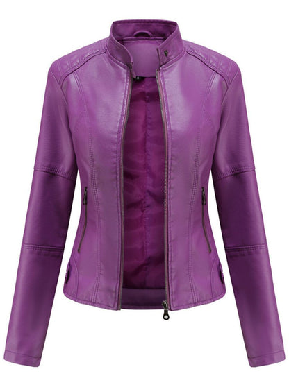 Elegant Faux Leather Jacket for Women with Stand Collar Long Sleeve Zip Front Fitted Moto Style