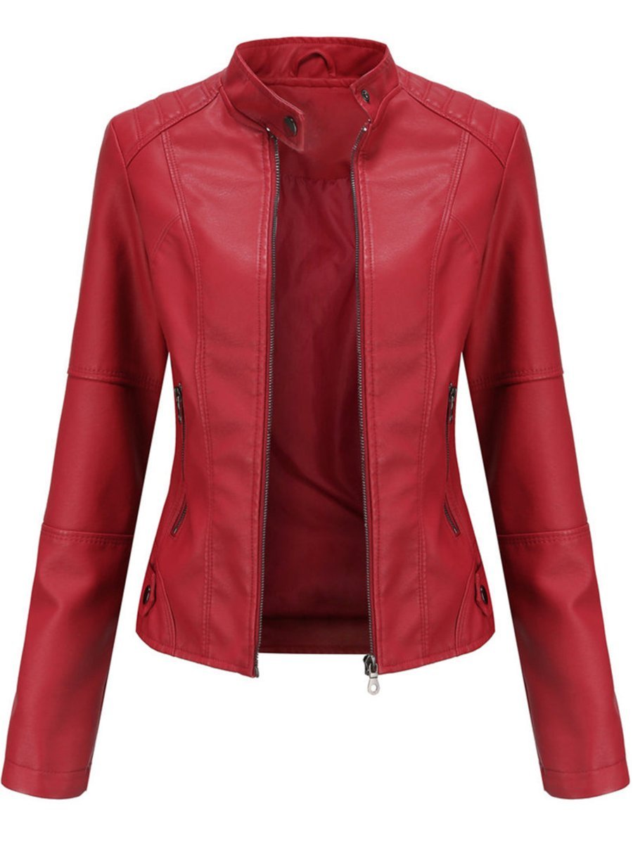 Elegant Faux Leather Jacket for Women with Stand Collar Long Sleeve Zip Front Fitted Moto Style