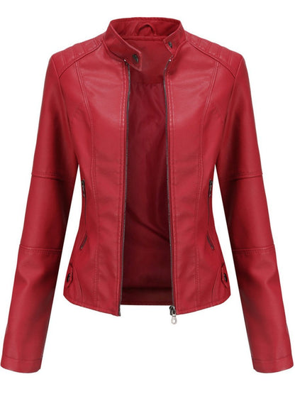 Elegant Faux Leather Jacket for Women with Stand Collar Long Sleeve Zip Front Fitted Moto Style