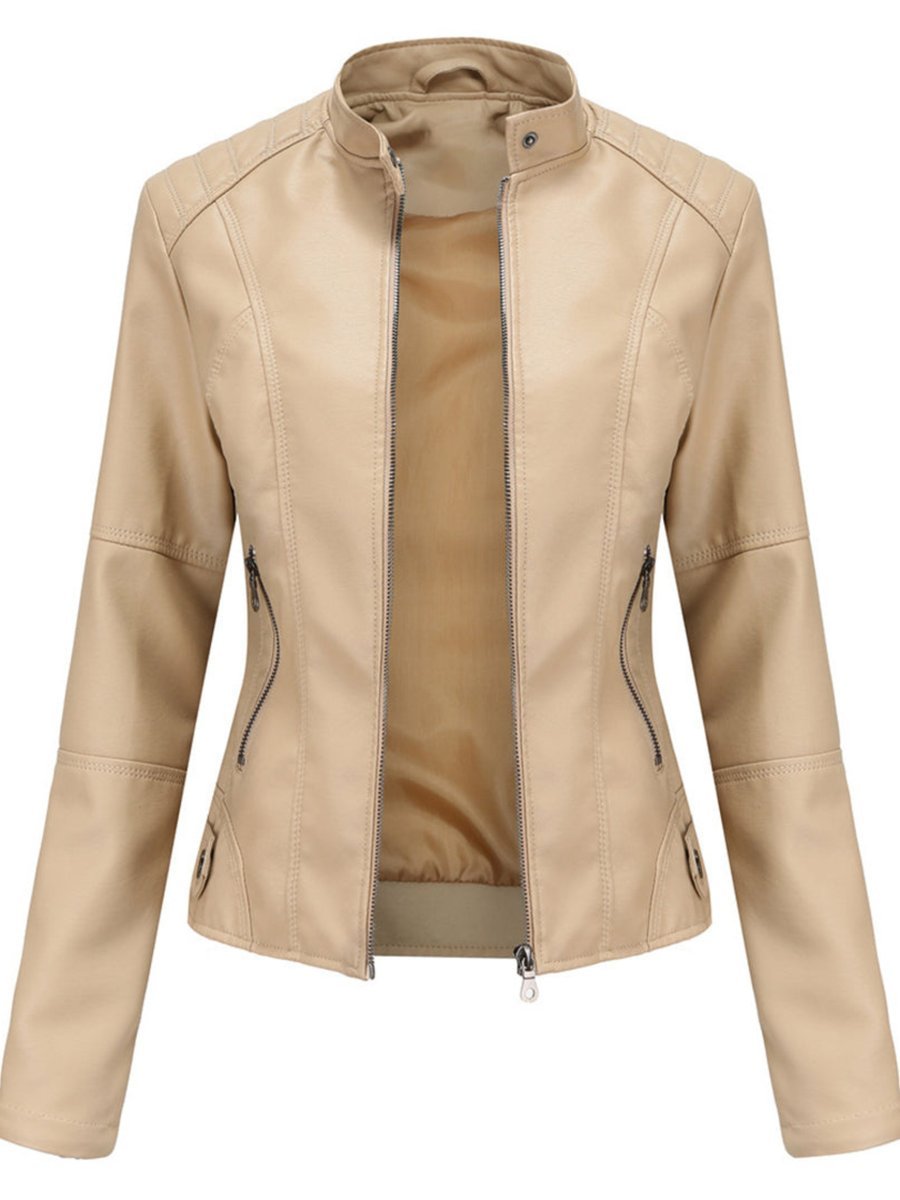 Elegant Faux Leather Jacket for Women with Stand Collar Long Sleeve Zip Front Fitted Moto Style