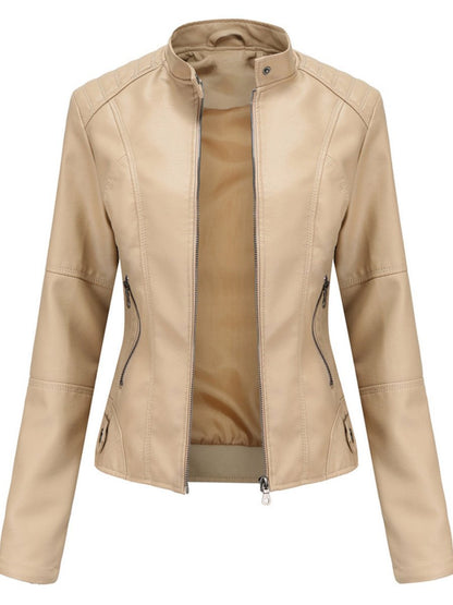 Elegant Faux Leather Jacket for Women with Stand Collar Long Sleeve Zip Front Fitted Moto Style
