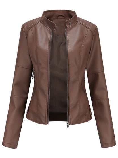 Elegant Faux Leather Jacket for Women with Stand Collar Long Sleeve Zip Front Fitted Moto Style