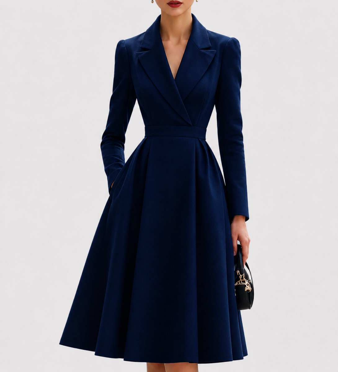 Elegant Navy Blue Tailored Formal Dress for Women with Lapel Collar Long Sleeve Pleated A Line Midi Style