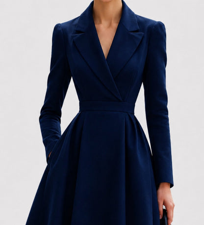 Elegant Navy Blue Tailored Formal Dress for Women with Lapel Collar Long Sleeve Pleated A Line Midi Style