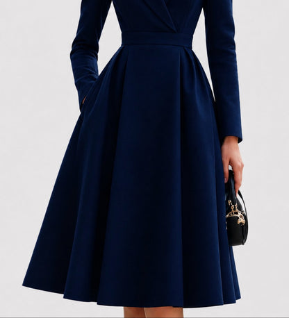 Elegant Navy Blue Tailored Formal Dress for Women with Lapel Collar Long Sleeve Pleated A Line Midi Style