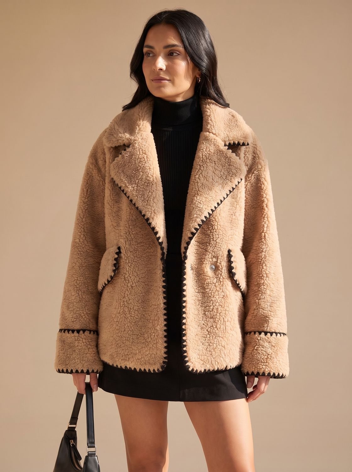 Camila | Women's Teddy Fleece Faux Fur Coat Black-Trim Notch-Collar Jacket, Camel
