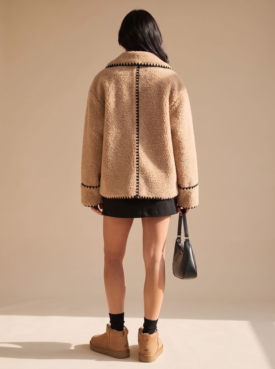 Camila | Women's Teddy Fleece Faux Fur Coat Black-Trim Notch-Collar Jacket, Camel