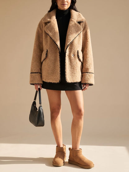 Camila | Women's Teddy Fleece Faux Fur Coat Black-Trim Notch-Collar Jacket, Camel