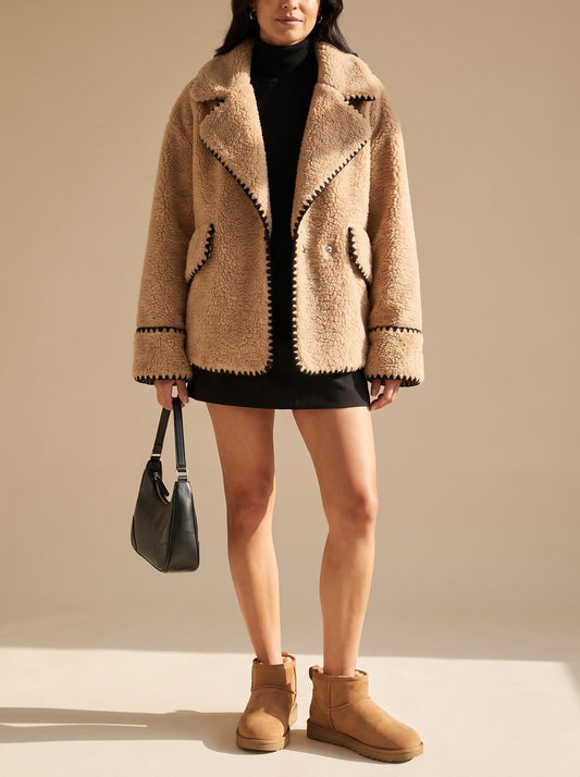 Camila | Women's Teddy Fleece Faux Fur Coat Black-Trim Notch-Collar Jacket, Camel