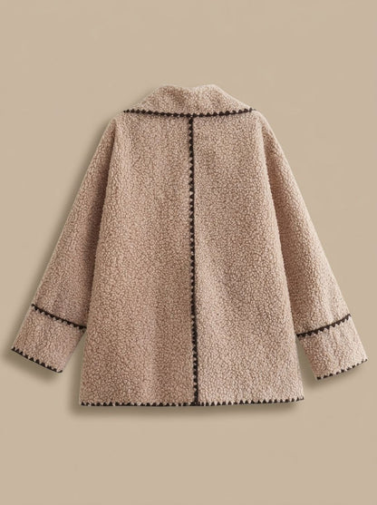 Camila | Women's Teddy Fleece Faux Fur Coat Black-Trim Notch-Collar Jacket, Camel