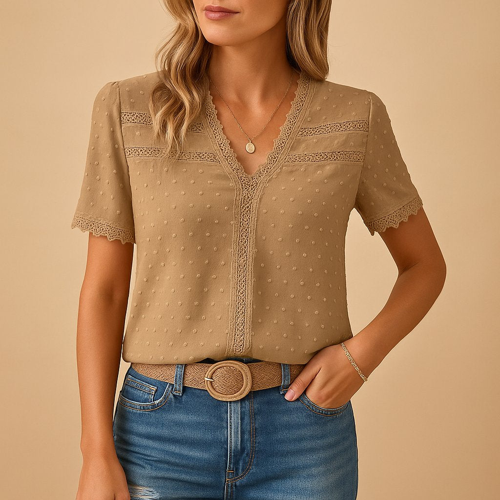 Effortless Lace Trim Blouse for Women with V Neck Short Sleeve Relaxed Casual Style