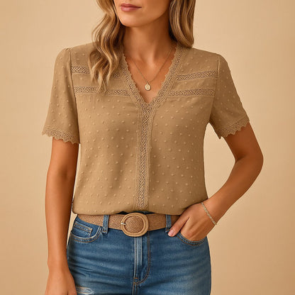 Effortless Lace Trim Blouse for Women with V Neck Short Sleeve Relaxed Casual Style