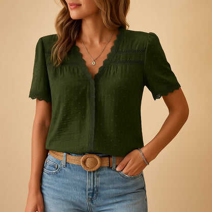 Effortless Lace Trim Blouse for Women with V Neck Short Sleeve Relaxed Casual Style