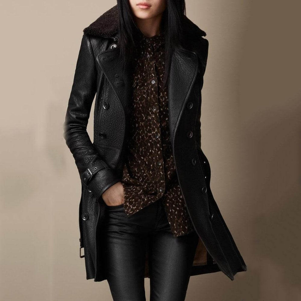 Sleek Black Leather Jacket for Women with Shearling Collar Long Sleeve Double Breasted Belted Cuff Style