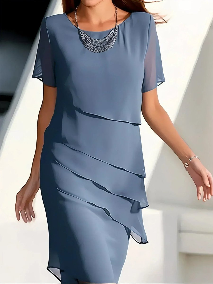 Elegant Royal Blue Dress for Women with Round Neck Short Sleeve Tiered Asymmetric Ruffle Style