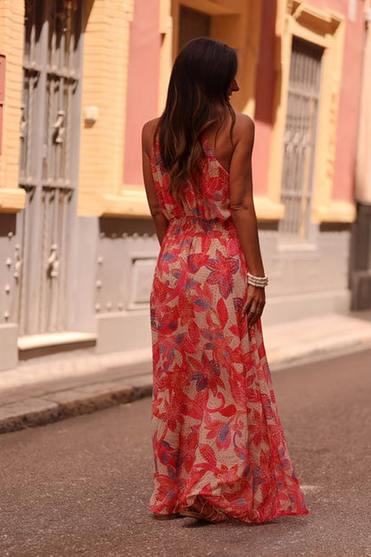 Elegant Wedding Guest Dress for Women with V Neck Sleeveless Floral Maxi Formal Style