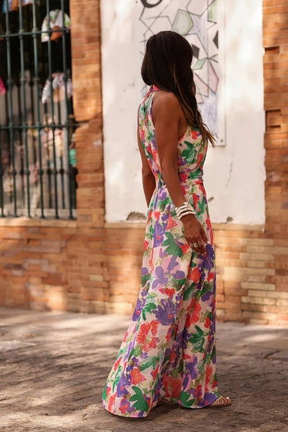 Elegant Wedding Guest Dress for Women with V Neck Sleeveless Floral Maxi Formal Style