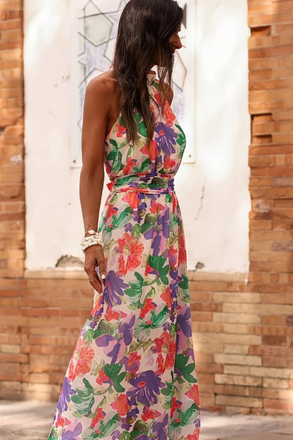 Elegant Wedding Guest Dress for Women with V Neck Sleeveless Floral Maxi Formal Style