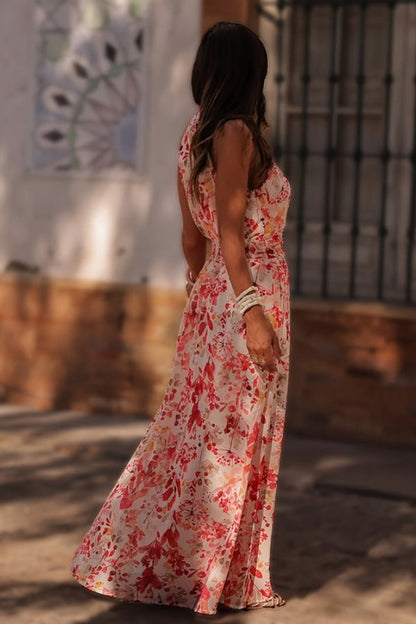 Elegant Wedding Guest Dress for Women with V Neck Sleeveless Floral Maxi Formal Style