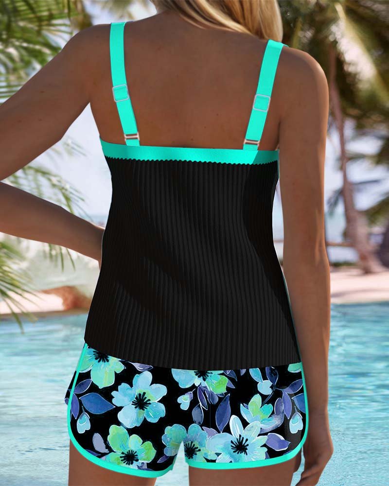 Comfortable Tankini Set for Women with Square Neck Floral Shorts Two Piece Swimwear Style
