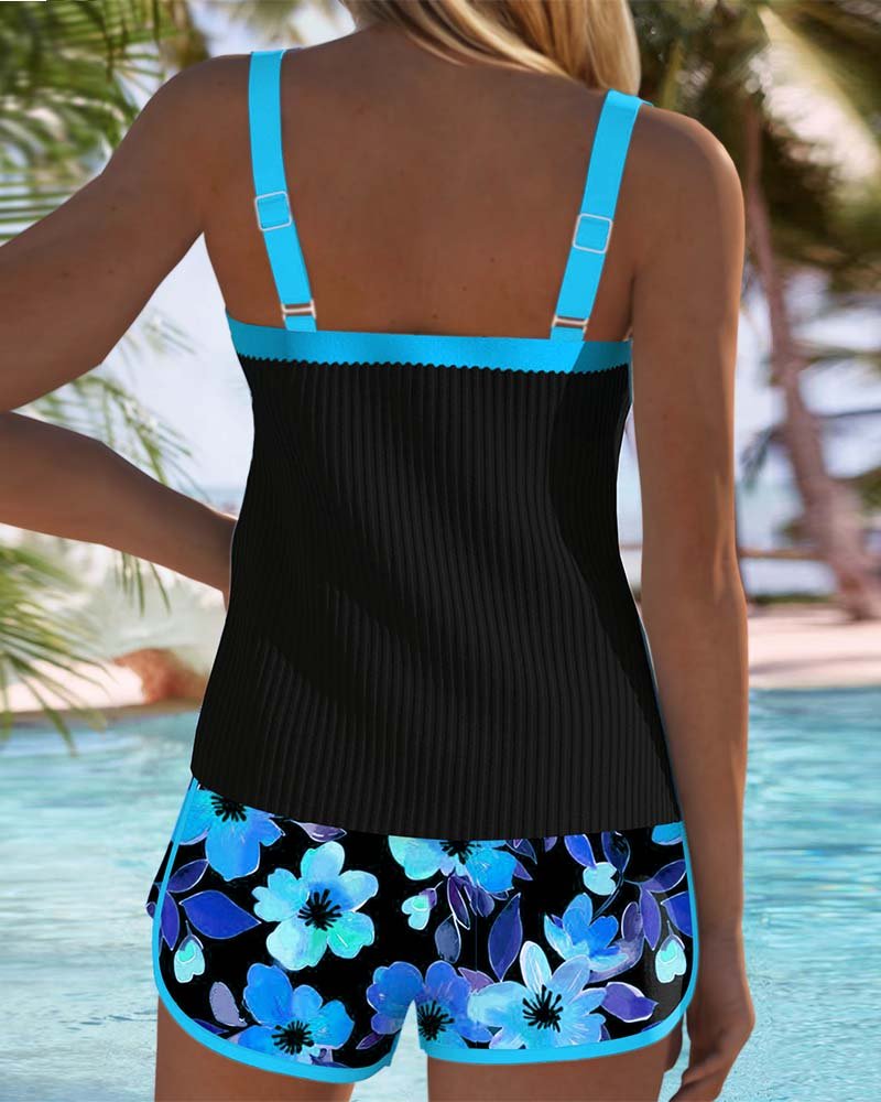 Comfortable Tankini Set for Women with Square Neck Floral Shorts Two Piece Swimwear Style