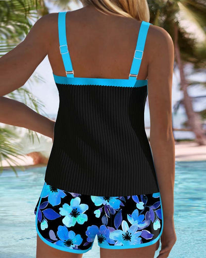 Comfortable Tankini Set for Women with Square Neck Floral Shorts Two Piece Swimwear Style