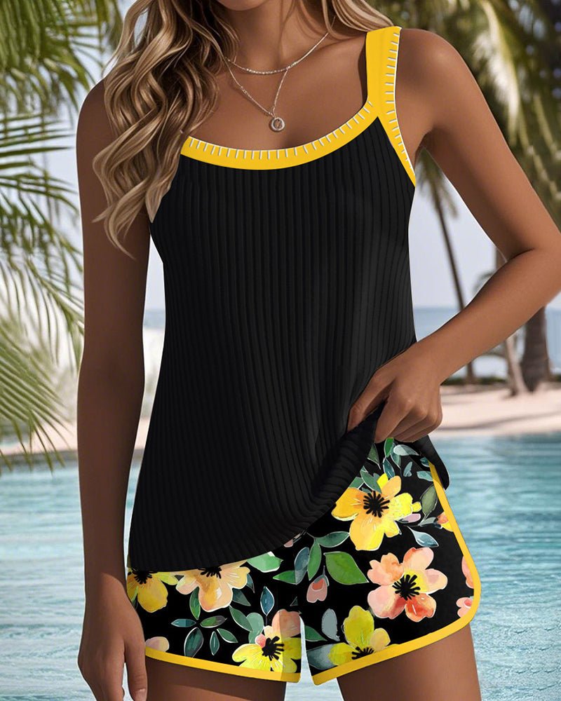 Comfortable Tankini Set for Women with Square Neck Floral Shorts Two Piece Swimwear Style