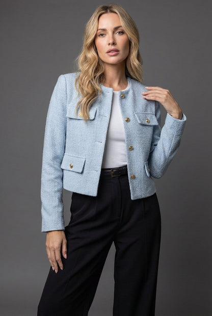 Elegant Tweed Jacket for Women with Collarless Gold Button Cropped Bouclé Style