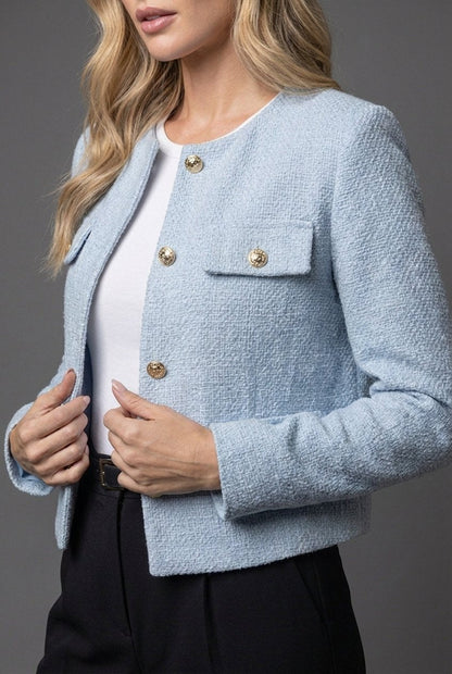 Elegant Tweed Jacket for Women with Collarless Gold Button Cropped Bouclé Style
