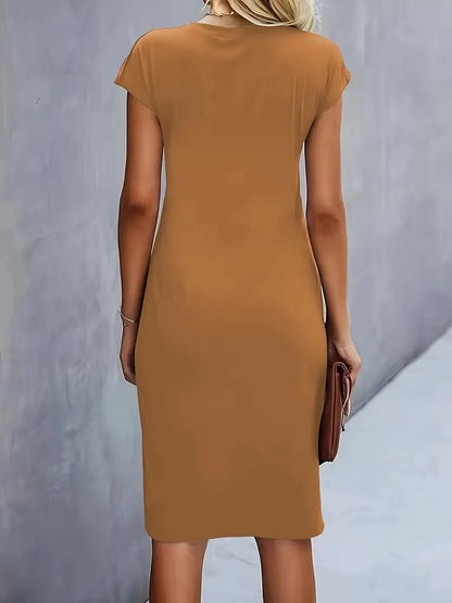Elegant Midi Dress for Women with Round Neck Short Sleeve Ruched Waist Formal Style