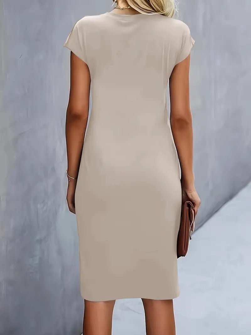 Elegant Midi Dress for Women with Round Neck Short Sleeve Ruched Waist Formal Style
