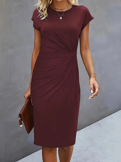 Elegant Midi Dress for Women with Round Neck Short Sleeve Ruched Waist Formal Style