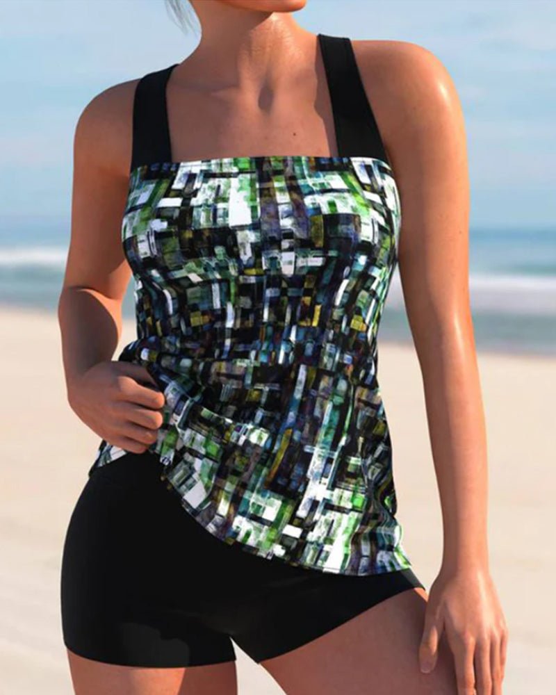 Comfortable Tankini Set for Women with Printed Square Neck Shorts Two Piece Swimwear Style