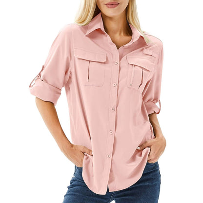 Effortless Utility Shirt for Women with Collar Roll Tab Sleeve Cargo Pocket Casual Style