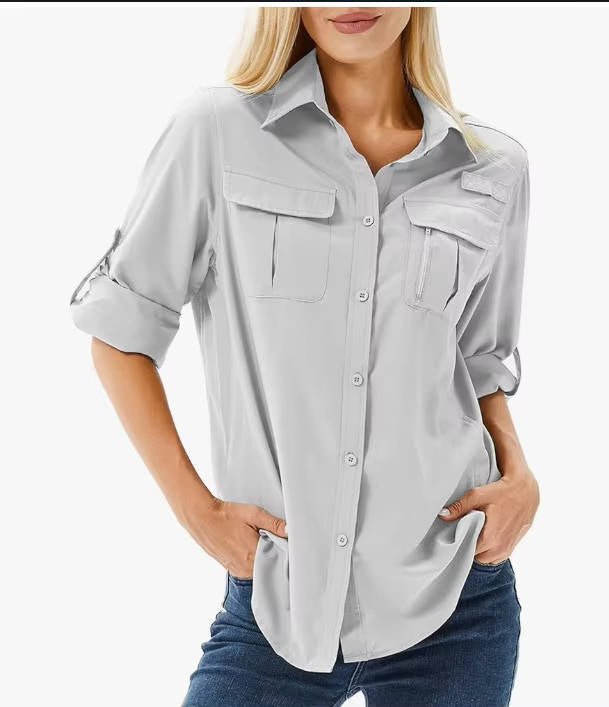 Effortless Utility Shirt for Women with Collar Roll Tab Sleeve Cargo Pocket Casual Style