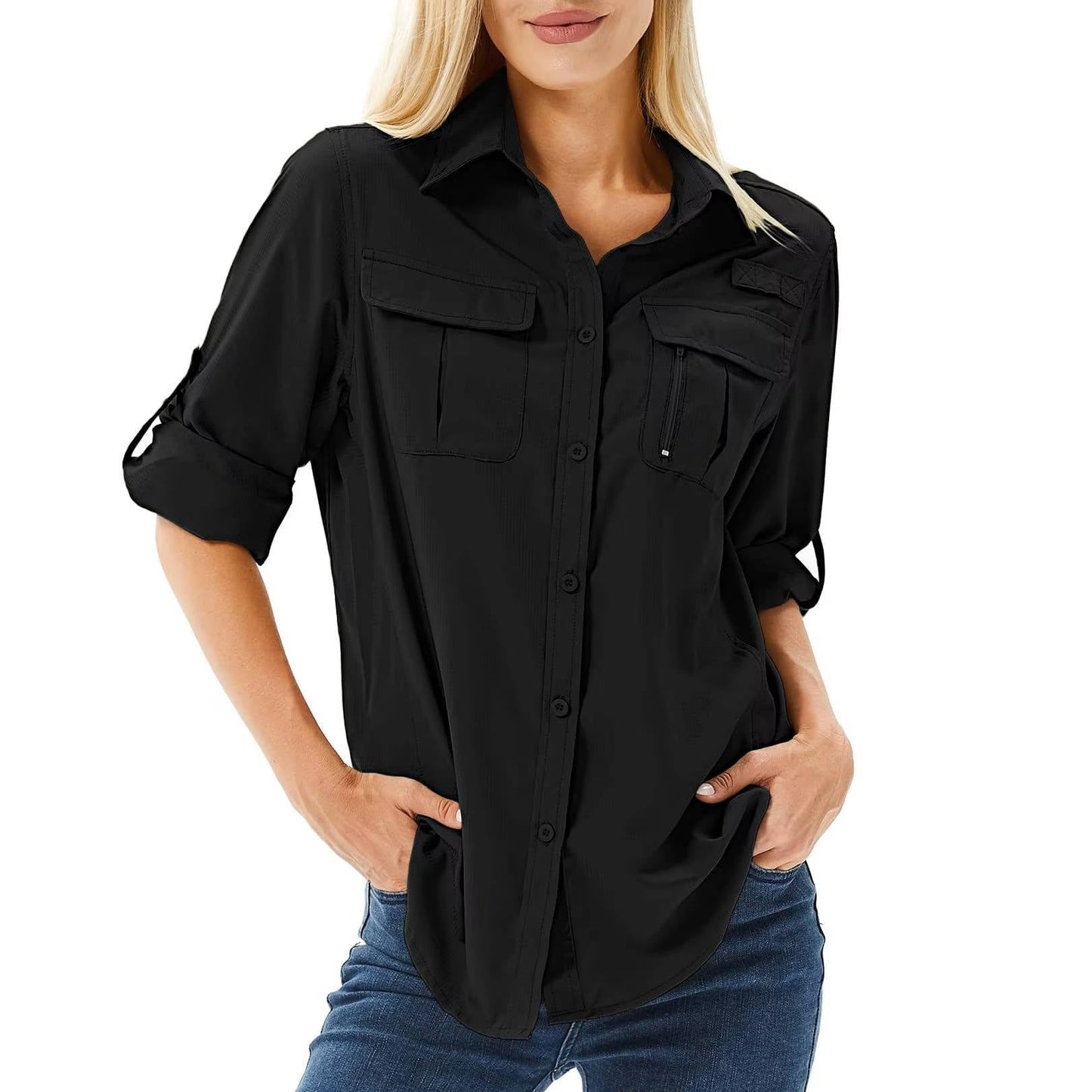 Effortless Utility Shirt for Women with Collar Roll Tab Sleeve Cargo Pocket Casual Style