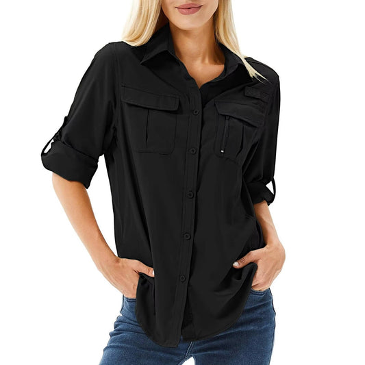 Effortless Black Shirt for Women with Point Collar Long Sleeve Utility Pocket Casual Style