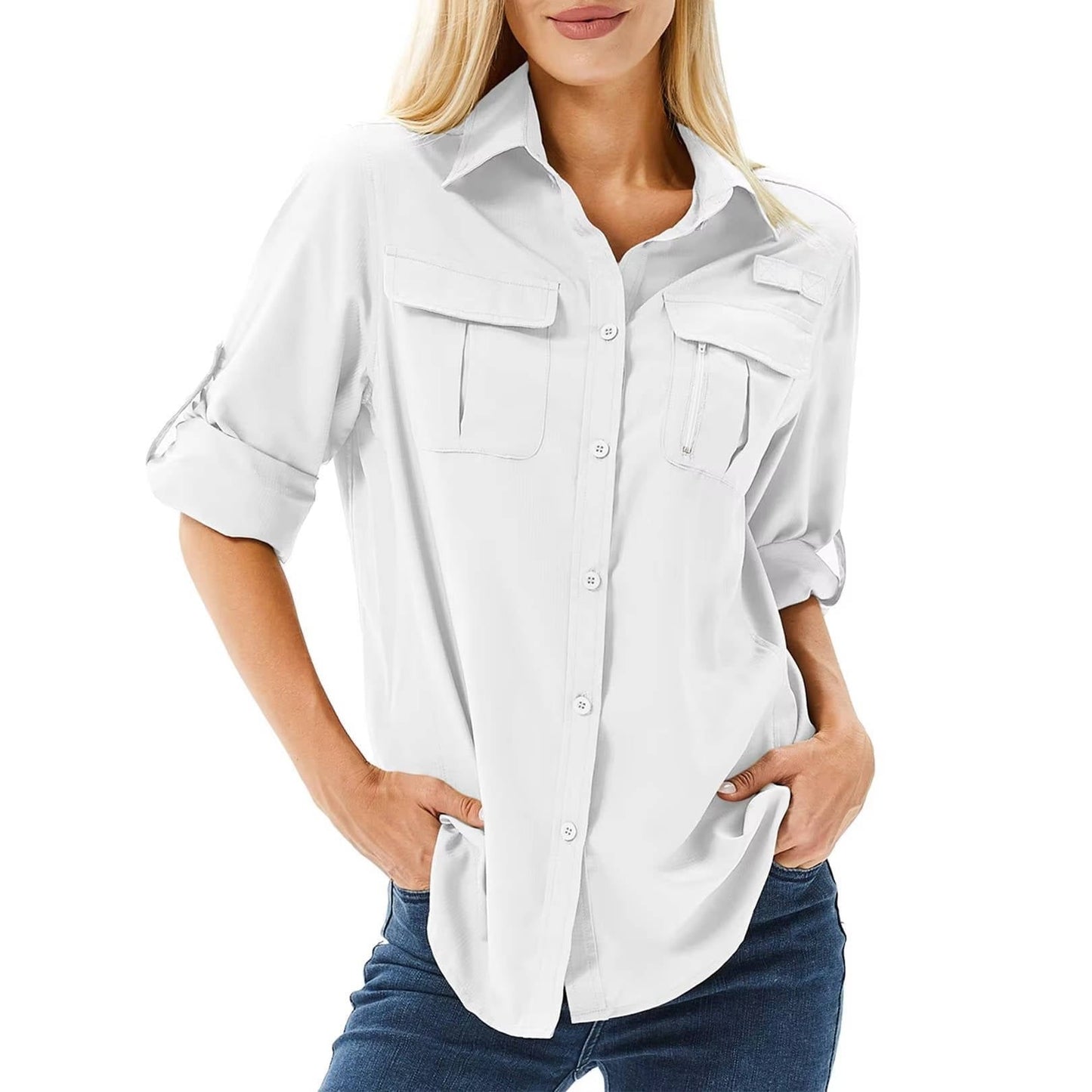 Effortless Utility Shirt for Women with Collar Roll Tab Sleeve Cargo Pocket Casual Style