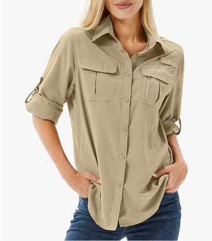 Effortless Utility Shirt for Women with Collar Roll Tab Sleeve Cargo Pocket Casual Style