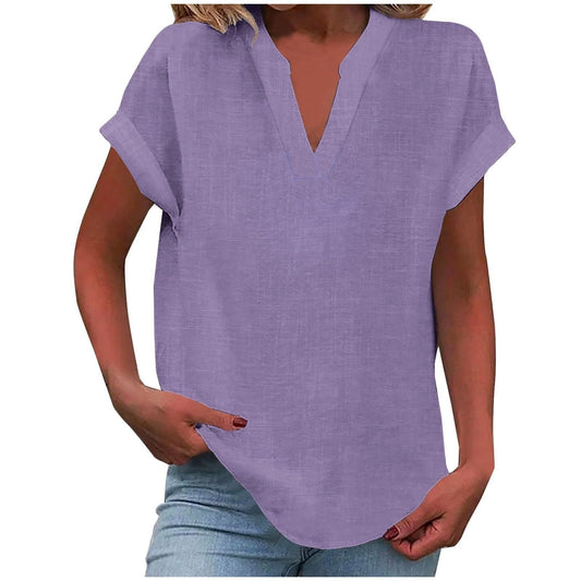 Effortless V-Neck Blouse for Women in Relaxed Fit Short Sleeve Linen Style
