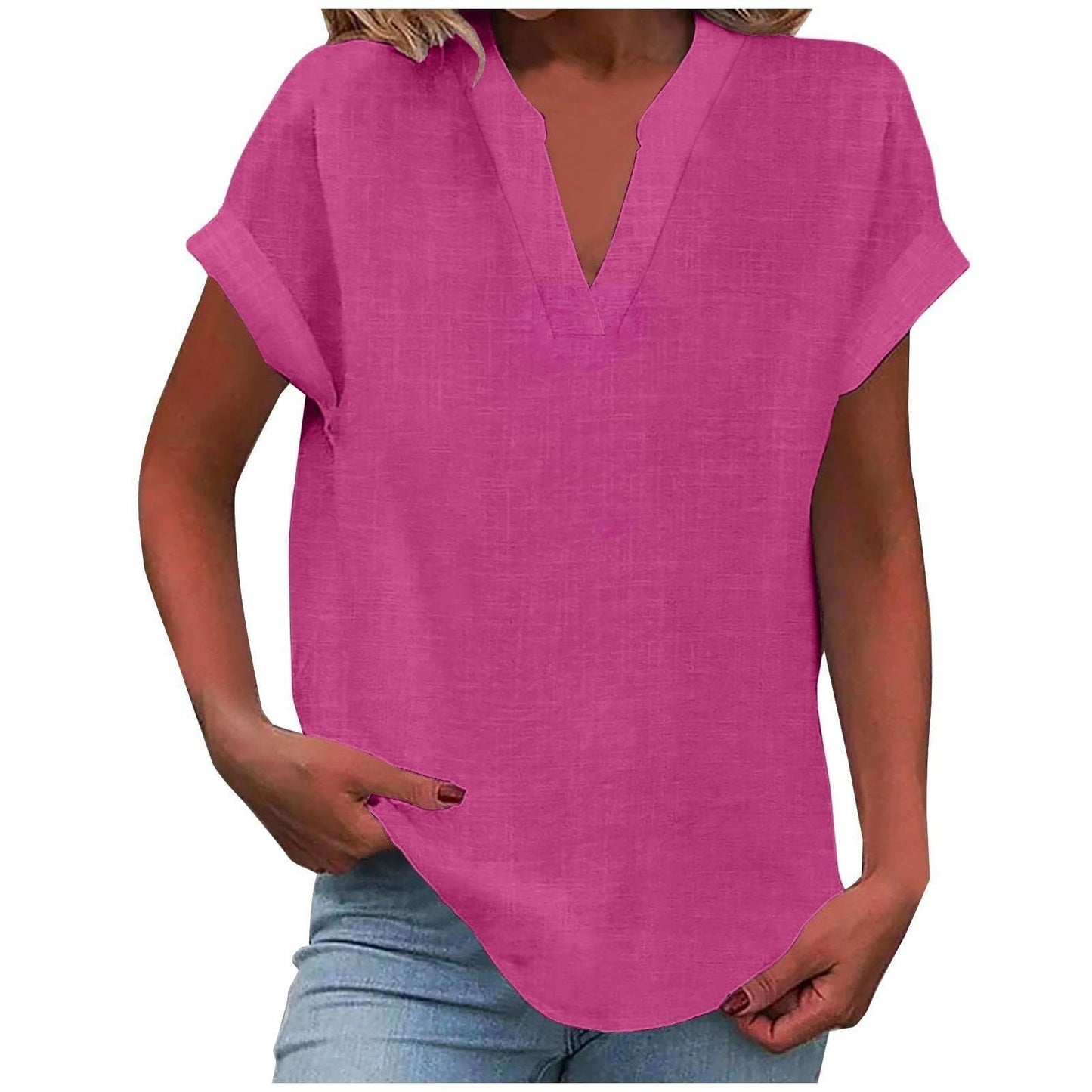 Effortless V-Neck Blouse for Women in Relaxed Fit Short Sleeve Linen Style