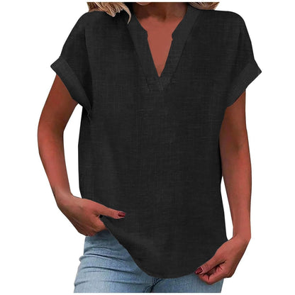 Effortless V-Neck Blouse for Women in Relaxed Fit Short Sleeve Linen Style