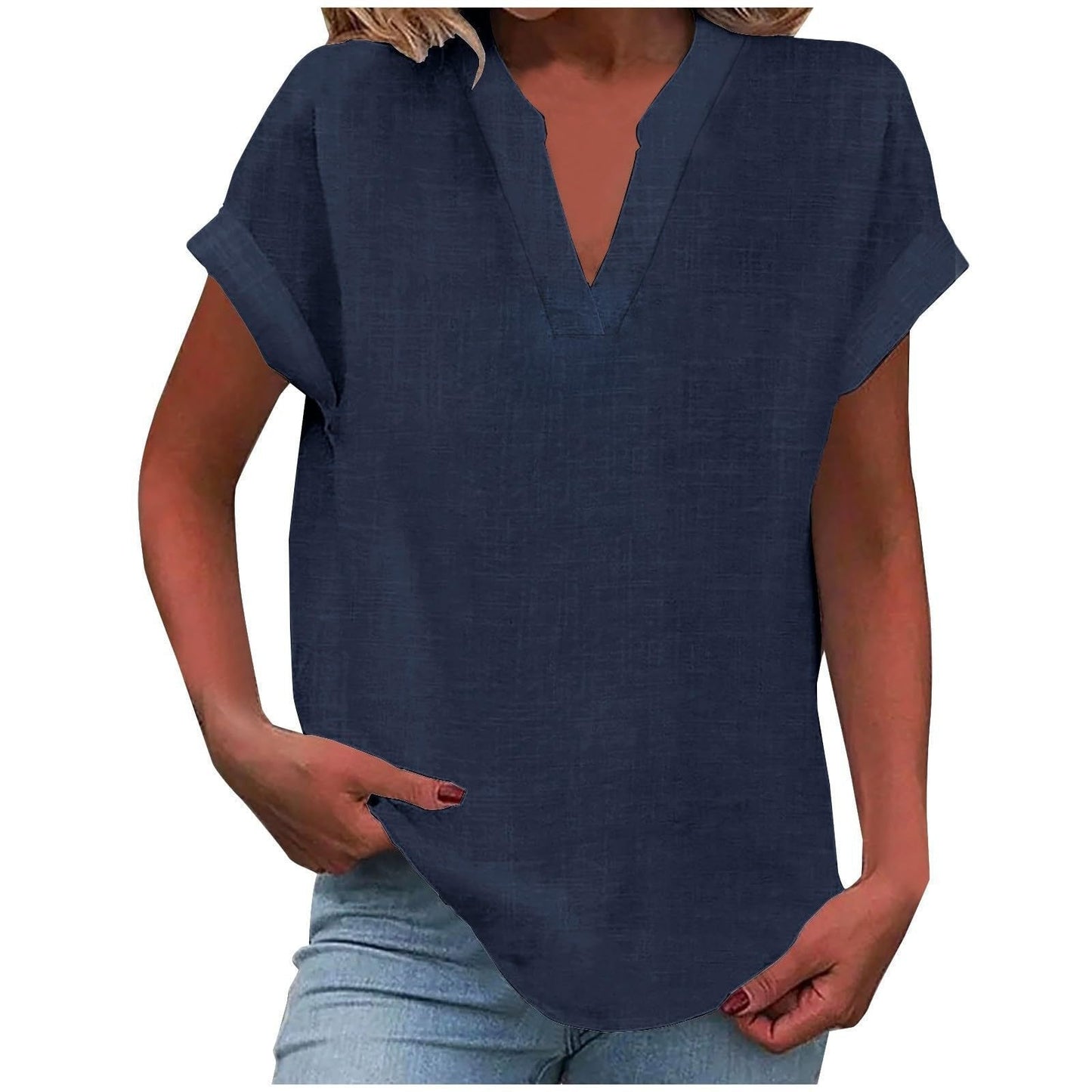 Effortless V-Neck Blouse for Women in Relaxed Fit Short Sleeve Linen Style