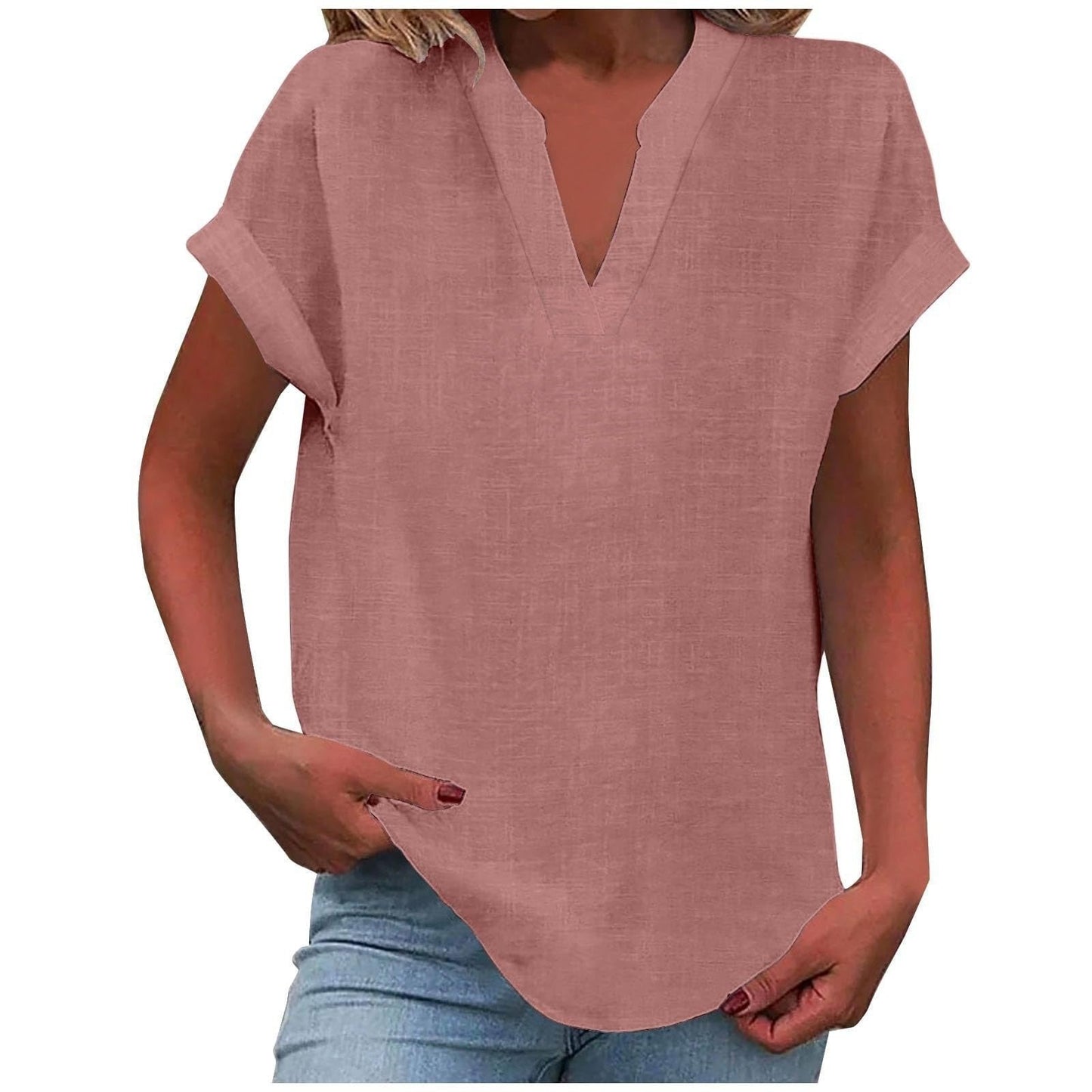 Effortless V-Neck Blouse for Women in Relaxed Fit Short Sleeve Linen Style
