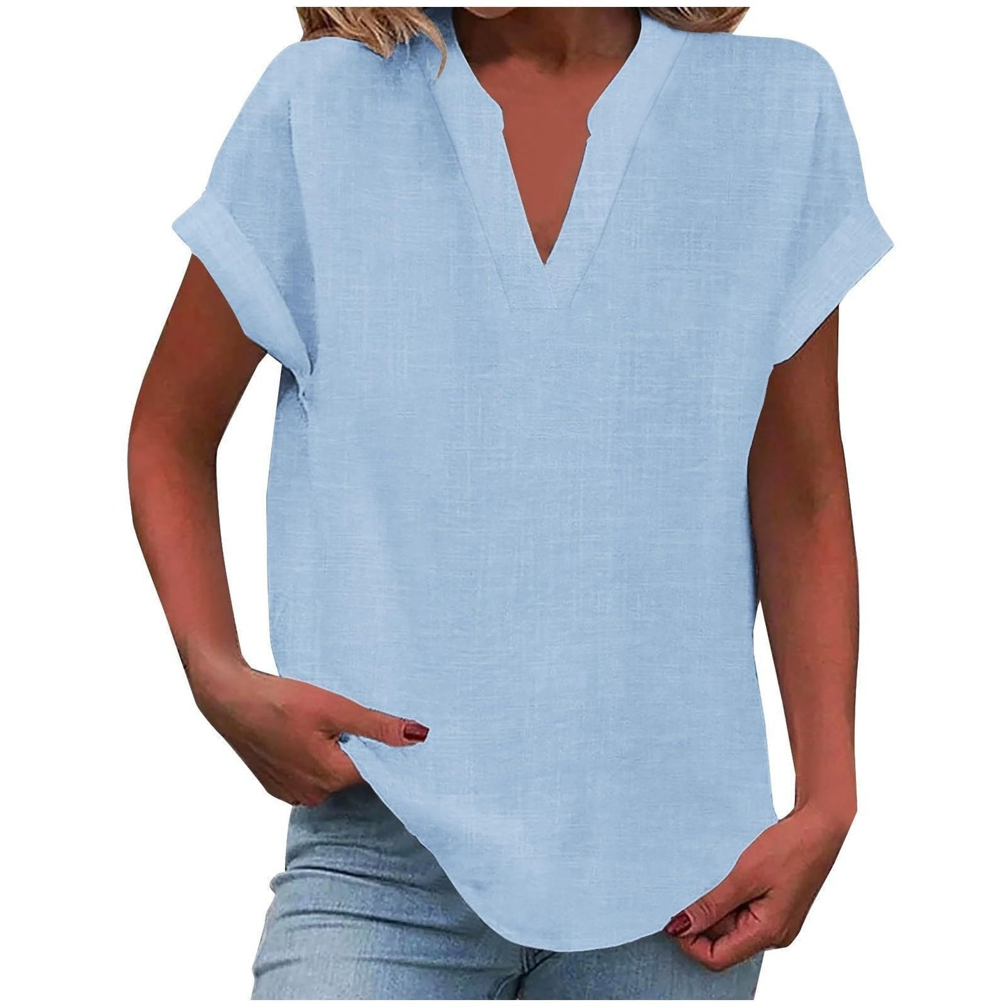 Effortless V-Neck Blouse for Women in Relaxed Fit Short Sleeve Linen Style