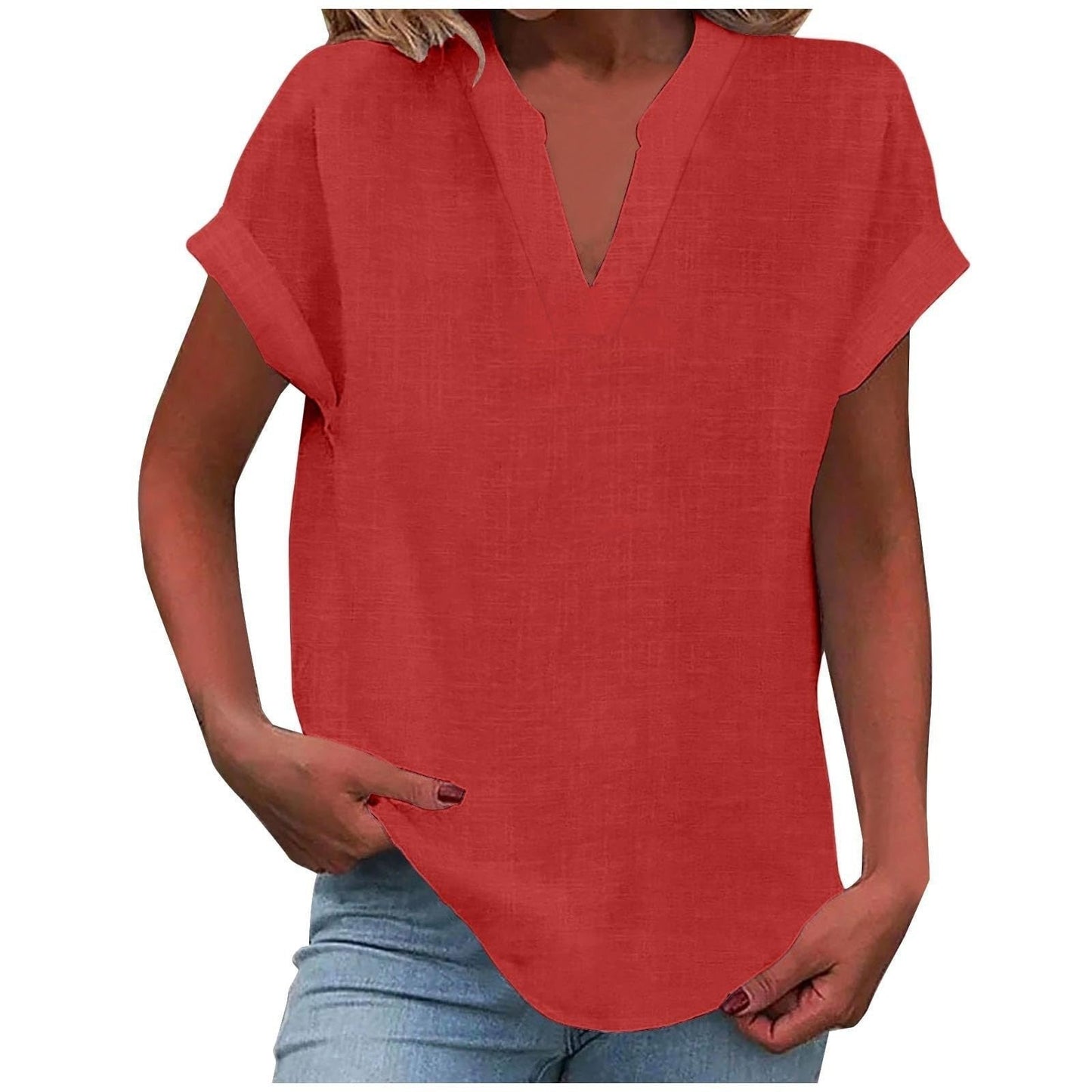 Comfortable V Neck Blouses for Women with Short Sleeve Relaxed Soft Linen Casual Style