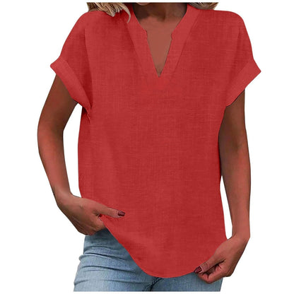Comfortable V Neck Blouses for Women with Short Sleeve Relaxed Soft Linen Casual Style