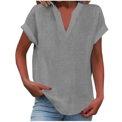 Comfortable V Neck Blouses for Women with Short Sleeve Relaxed Soft Linen Casual Style