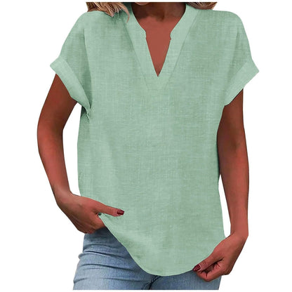 Effortless V-Neck Blouse for Women in Relaxed Fit Short Sleeve Linen Style