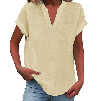 Effortless V-Neck Blouse for Women in Relaxed Fit Short Sleeve Linen Style
